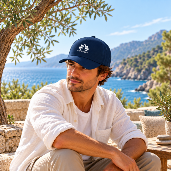 Homme portant une casquette recyclée - Esprit Zen bleu marine Tymies en bord de mer